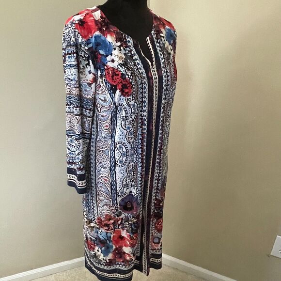 Beige By ECI Floral Dress Size 8 Split Neck Long Sleeve Shift Dress Red Colorful - Picture 4 of 15